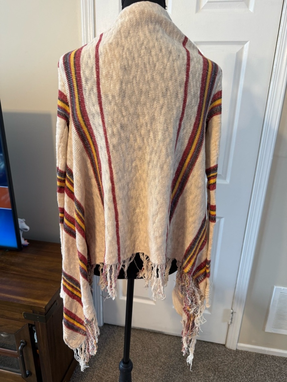 American Rag Cream Open-Front Cardigan with Red and Yellow Stripes - Picture 3 of 6